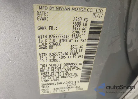 2017 Nissan Frontier Pro-4X z USA, uszkodzony, nr VIN 1N6DD0EV5HN726233